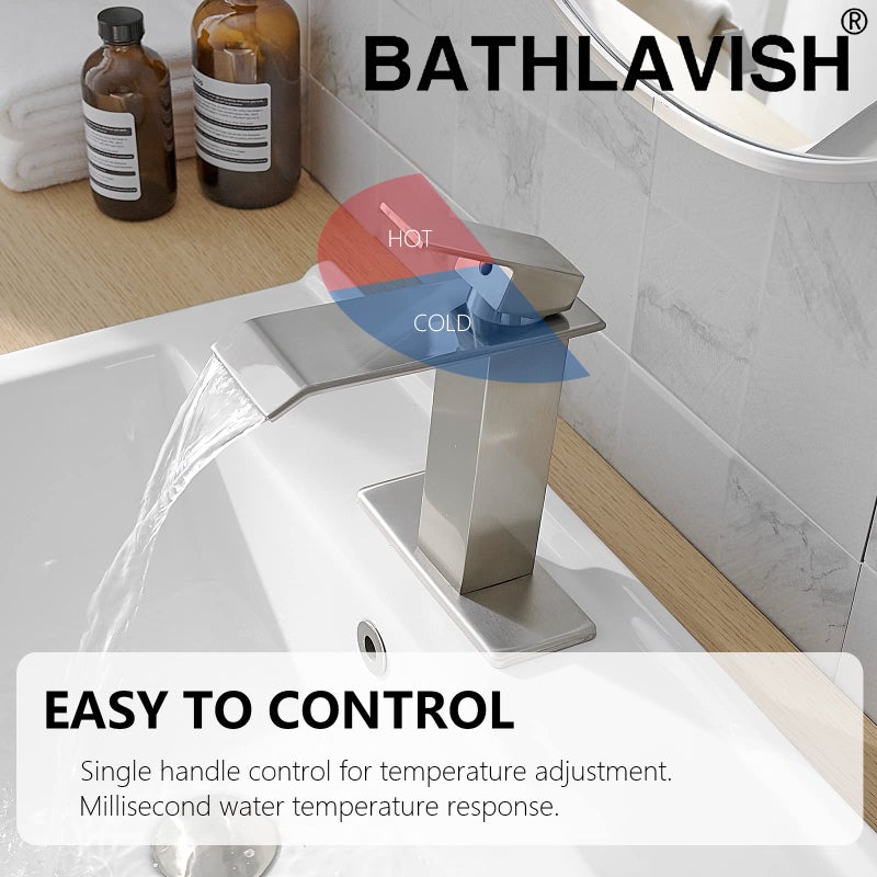 BATHLAVISH Waterfall Bathroom Sink Faucet, Brushed Nickel Single Hole Bathroom Faucet, Single Handle Modern Lavatory Vanity RV with Pop Up Drain with Overflow - Image 3